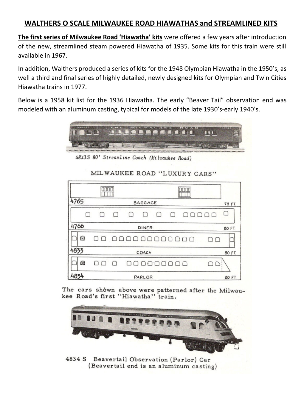 WALTHERS O SCALE MILWAUKEE ROAD HIAWATHAS And