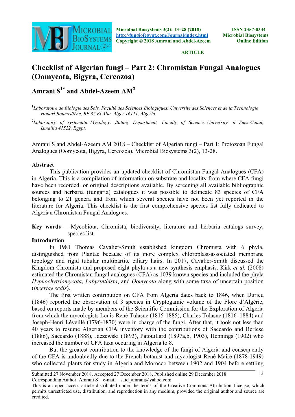 Checklist of Algerian Fungi – Part 2: Chromistan Fungal Analogues (Oomycota, Bigyra, Cercozoa)