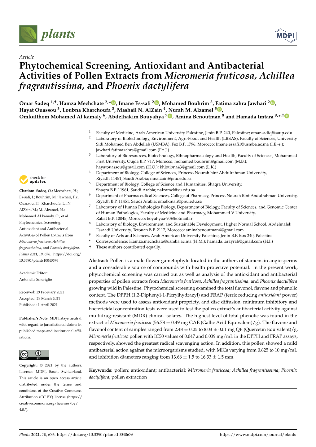 Phytochemical Screening, Antioxidant and Antibacterial Activities of Pollen Extracts from Micromeria Fruticosa, Achillea Fragrantissima, and Phoenix Dactylifera