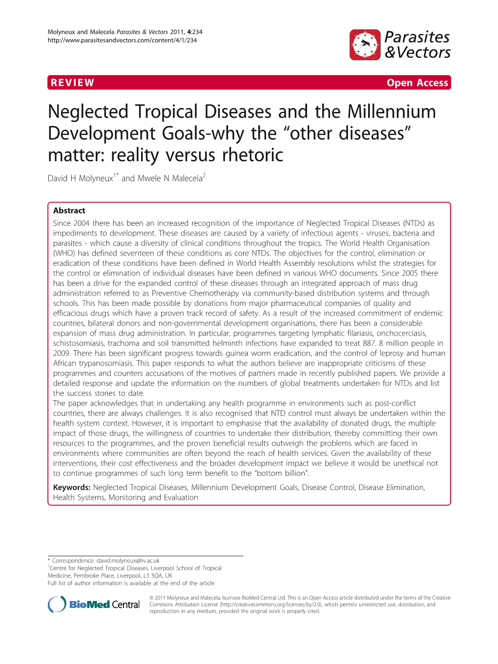 Other Diseases” Matter: Reality Versus Rhetoric David H Molyneux1* and Mwele N Malecela2