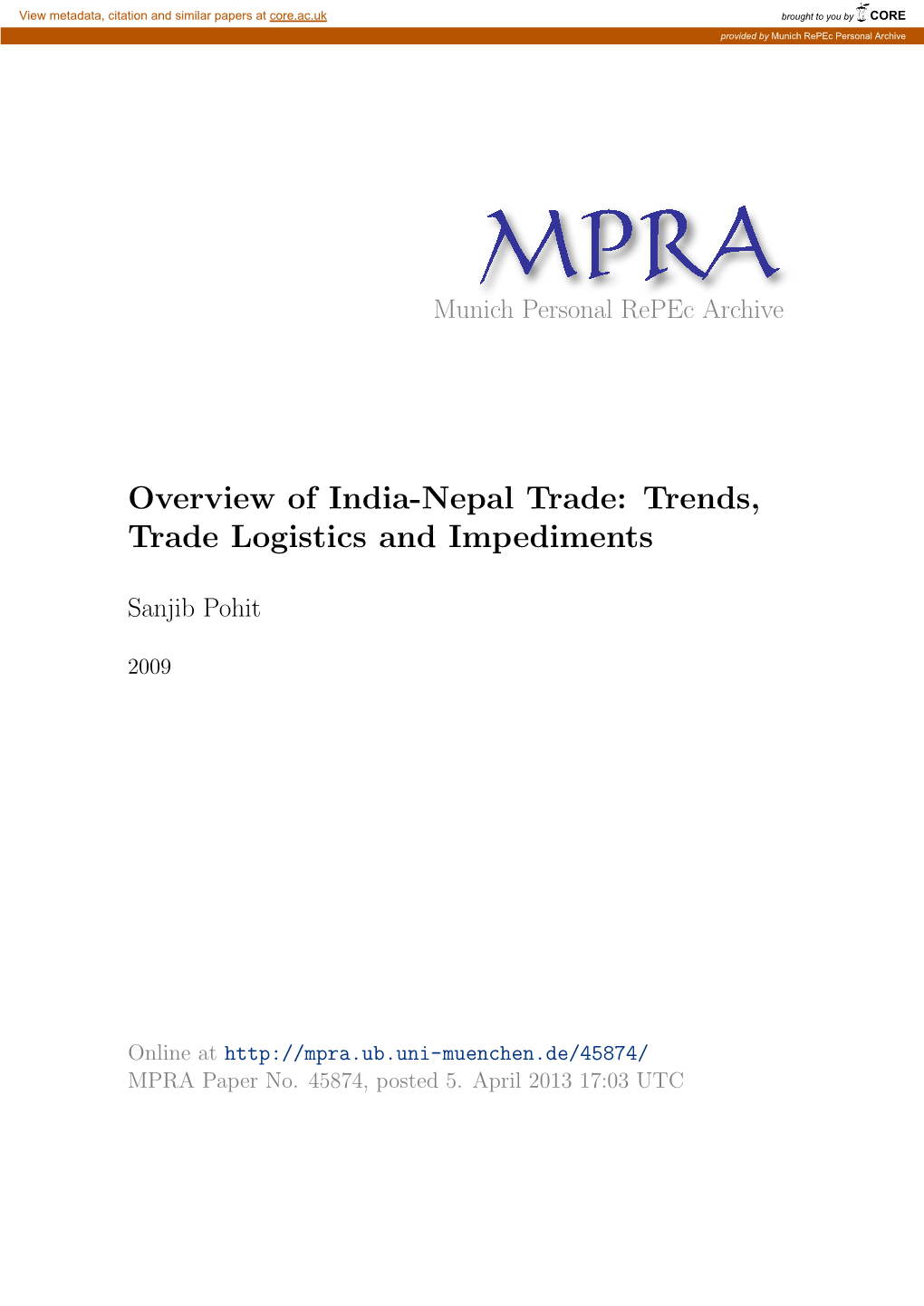 Overview of India-Nepal Trade: Trends, Trade Logistics and Impediments