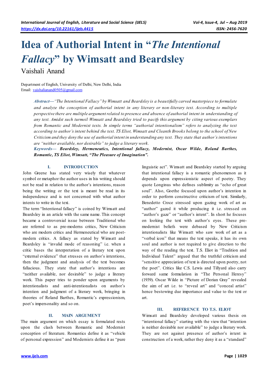 Idea of Authorial Intent in “The Intentional Fallacy” by Wimsatt and Beardsley Vaishali Anand