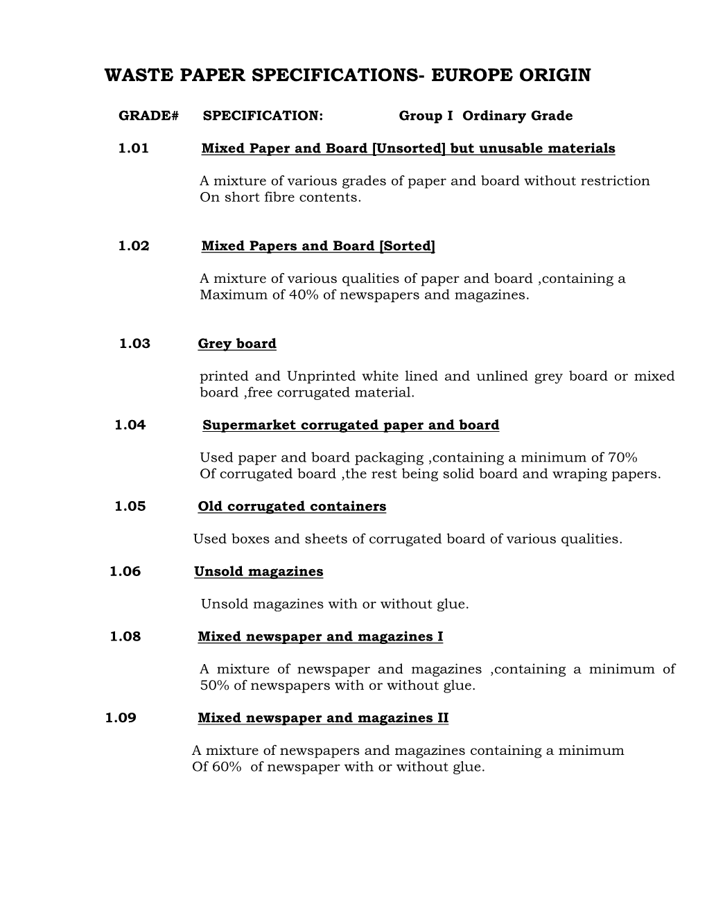 Waste Paper Specifications- Europe Origin