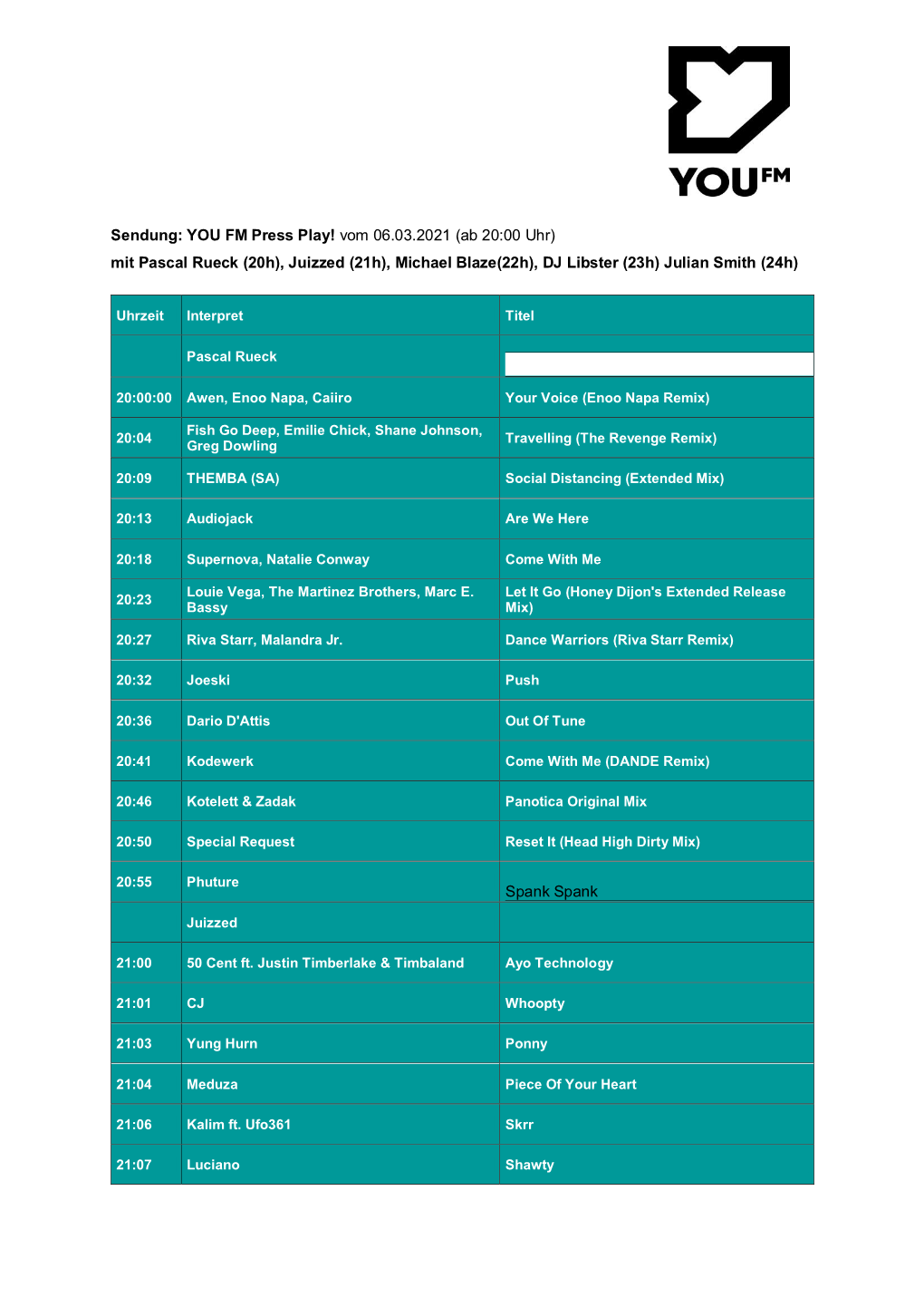 Sendung: YOU FM Press Play! Vom 06.03.2021 (Ab 20:00 Uhr) Mit Pascal Rueck (20H), Juizzed (21H), Michael Blaze(22H), DJ Libster (23H) Julian Smith (24H)