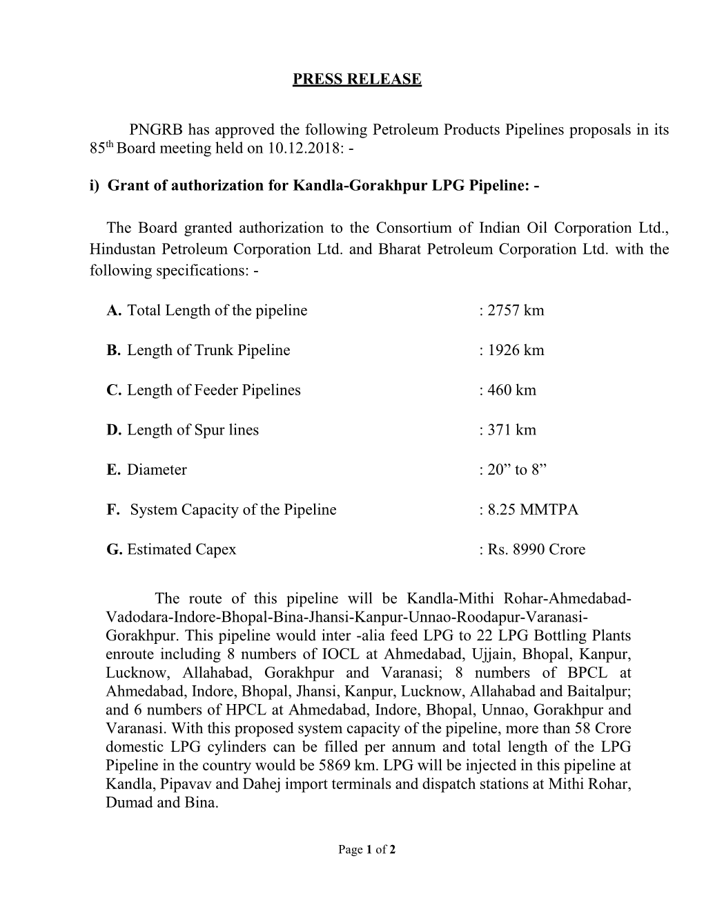 PRESS RELEASE PNGRB Has Approved the Following Petroleum Products Pipelines Proposals in Its 85Th Board Meeting Held on 10.12.20