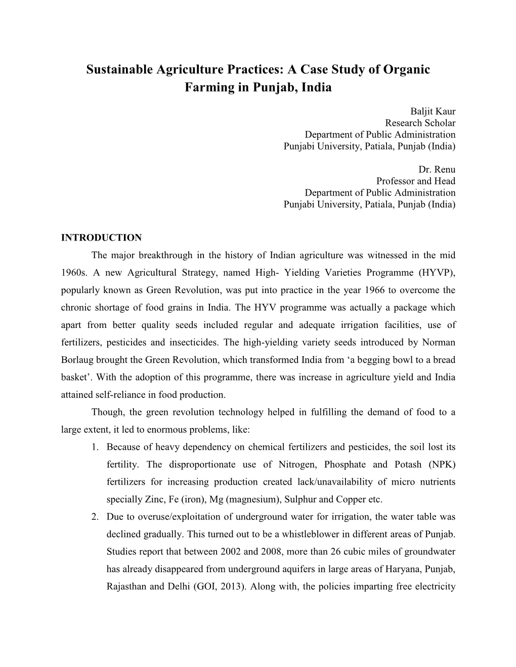 Sustainable Agriculture Practices: a Case Study of Organic Farming in Punjab, India