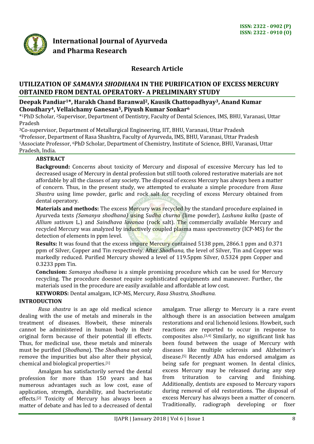 Research Article UTILIZATION of SAMANYA SHODHANA in THE