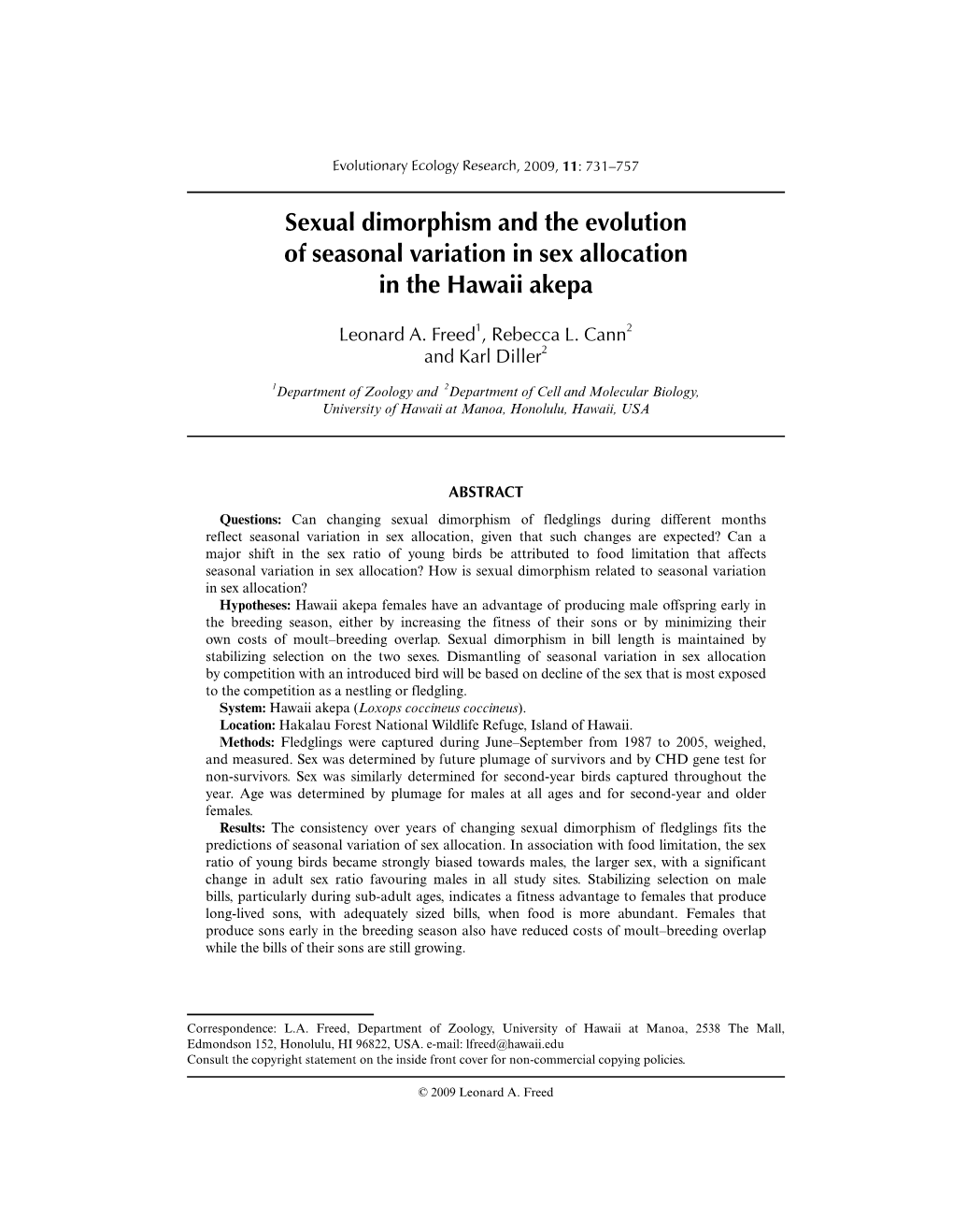 Sexual Dimorphism and the Evolution of Seasonal Variation in Sex Allocation in the Hawaii Akepa