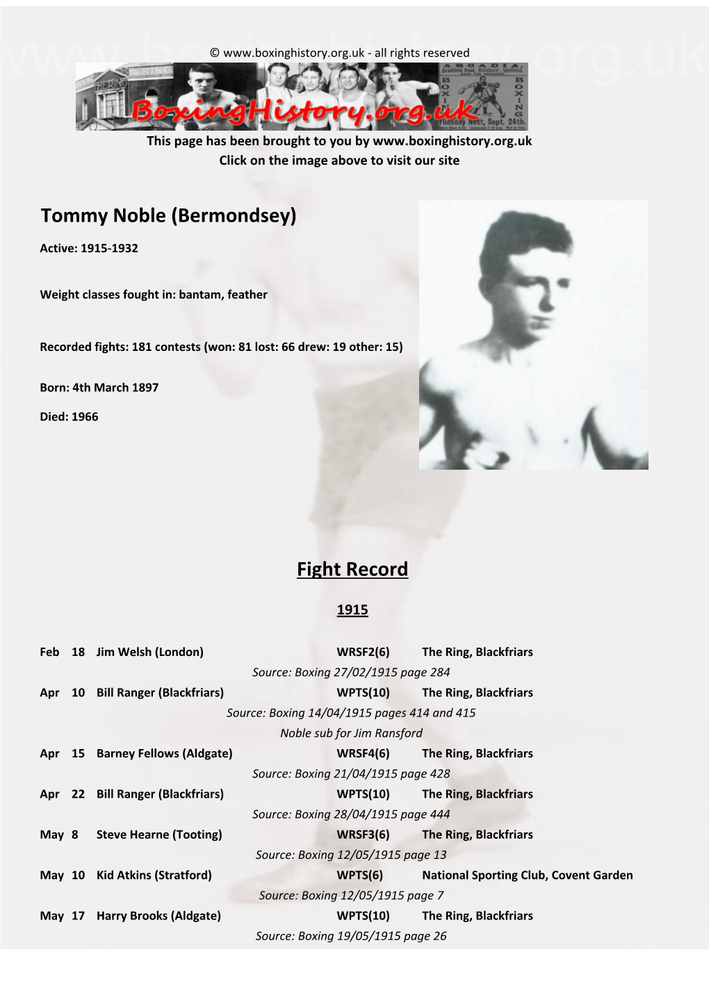 Fight Record Tommy Noble (Bermondsey)