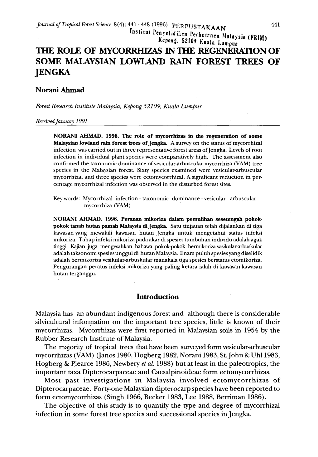 The Role of Mycorrhizas in the Regeneration of Some Malaysian Lowland Rain Forest Trees of Jengka