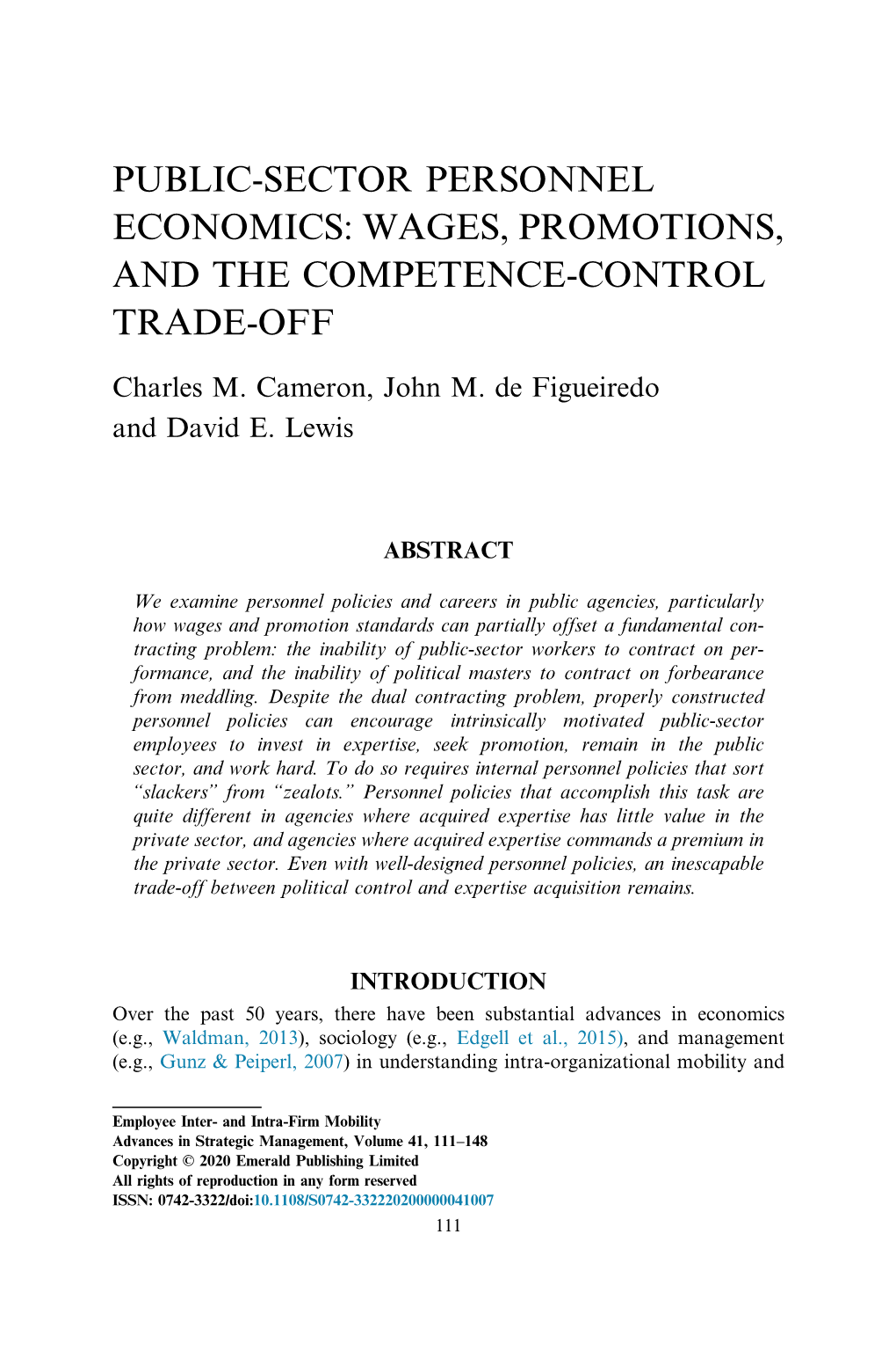 Public-Sector Personnel Economics: Wages, Promotions, and the Competence-Control Trade-Off