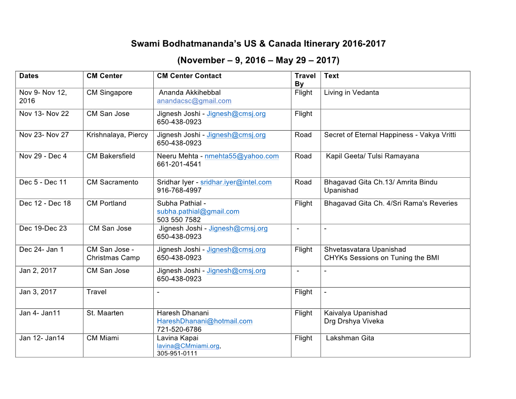 Swami Bodhatmananda's US & Canada Itinerary 2016-2017 (November – 9, 2016 – May 29 – 2017)