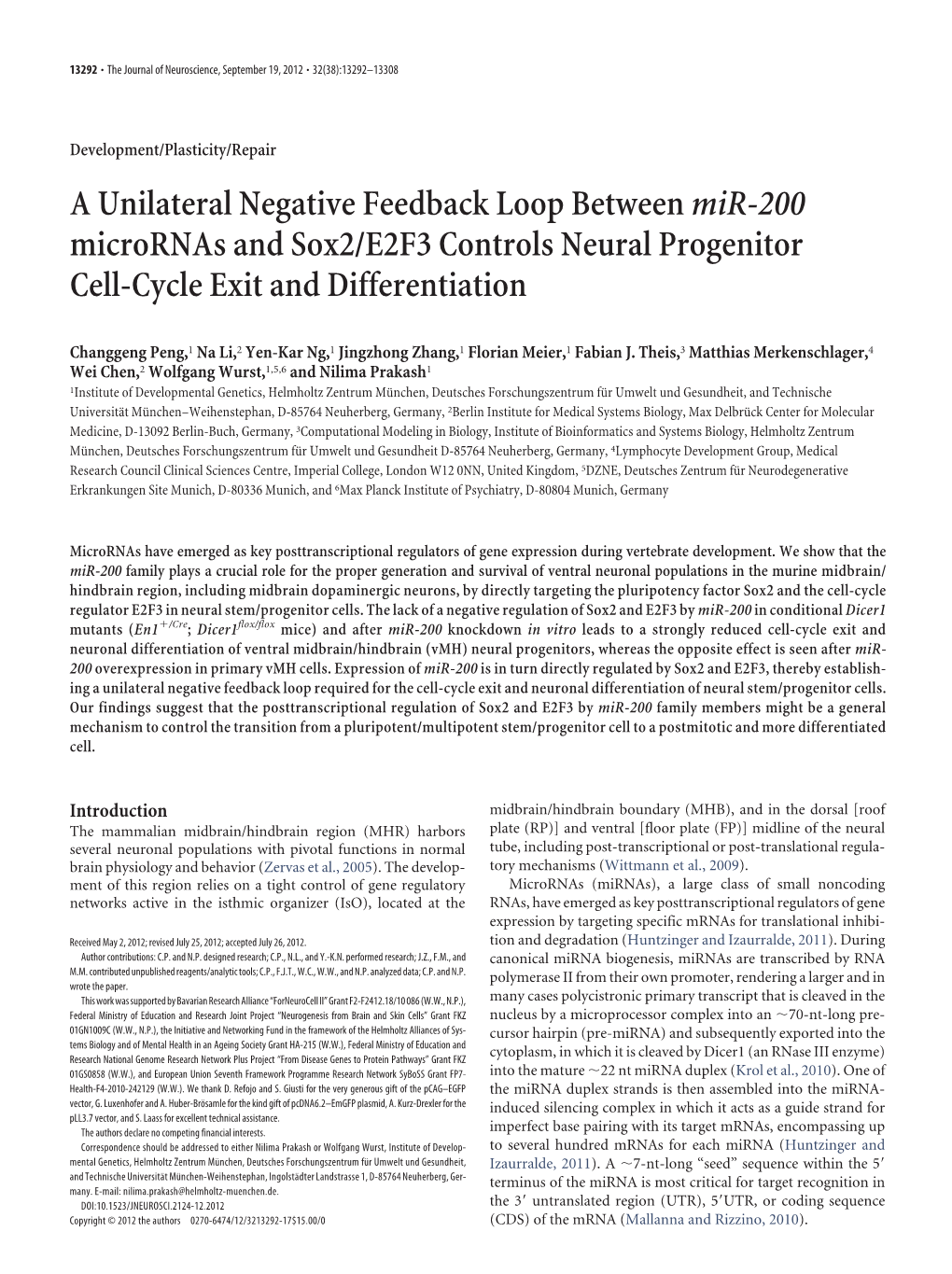 A Unilateral Negative Feedback Loop Betweenmir-200 Micrornas And