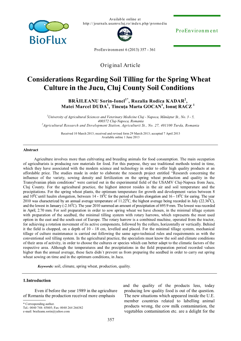 Considerations Regarding Soil Tilling for the Spring Wheat Culture in the Jucu, Cluj County Soil Conditions