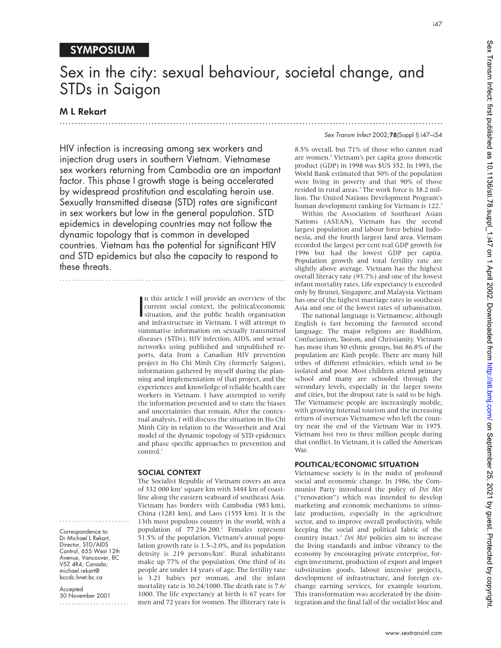 Sex in the City: Sexual Behaviour, Societal Change, and Stds in Saigon M L Rekart