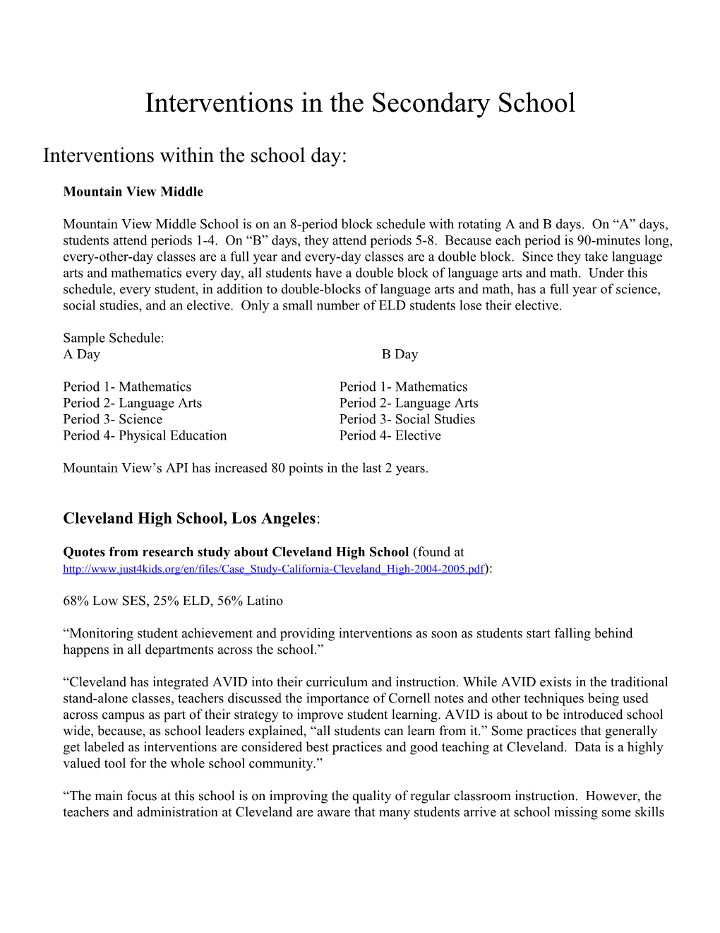 Interventions Within The School Day