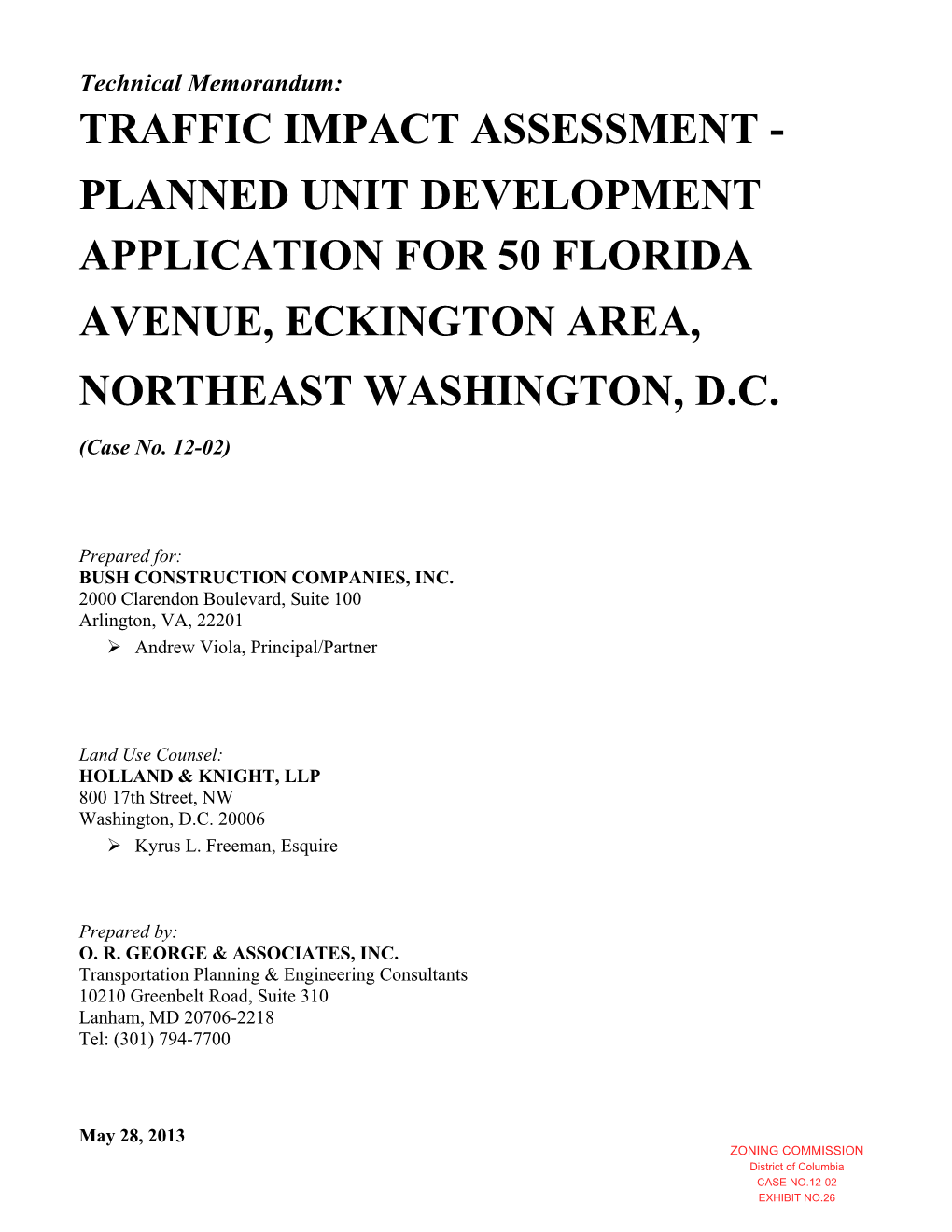 Traffic Impact Assessment - Planned Unit Development Application for 50 Florida Avenue, Eckington Area, Northeast Washington, D.C