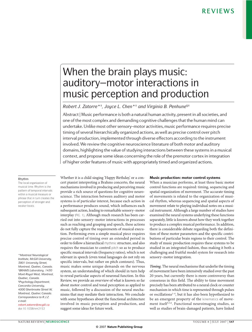 When the Brain Plays Music: Auditory–Motor Interactions in Music Perception and Production