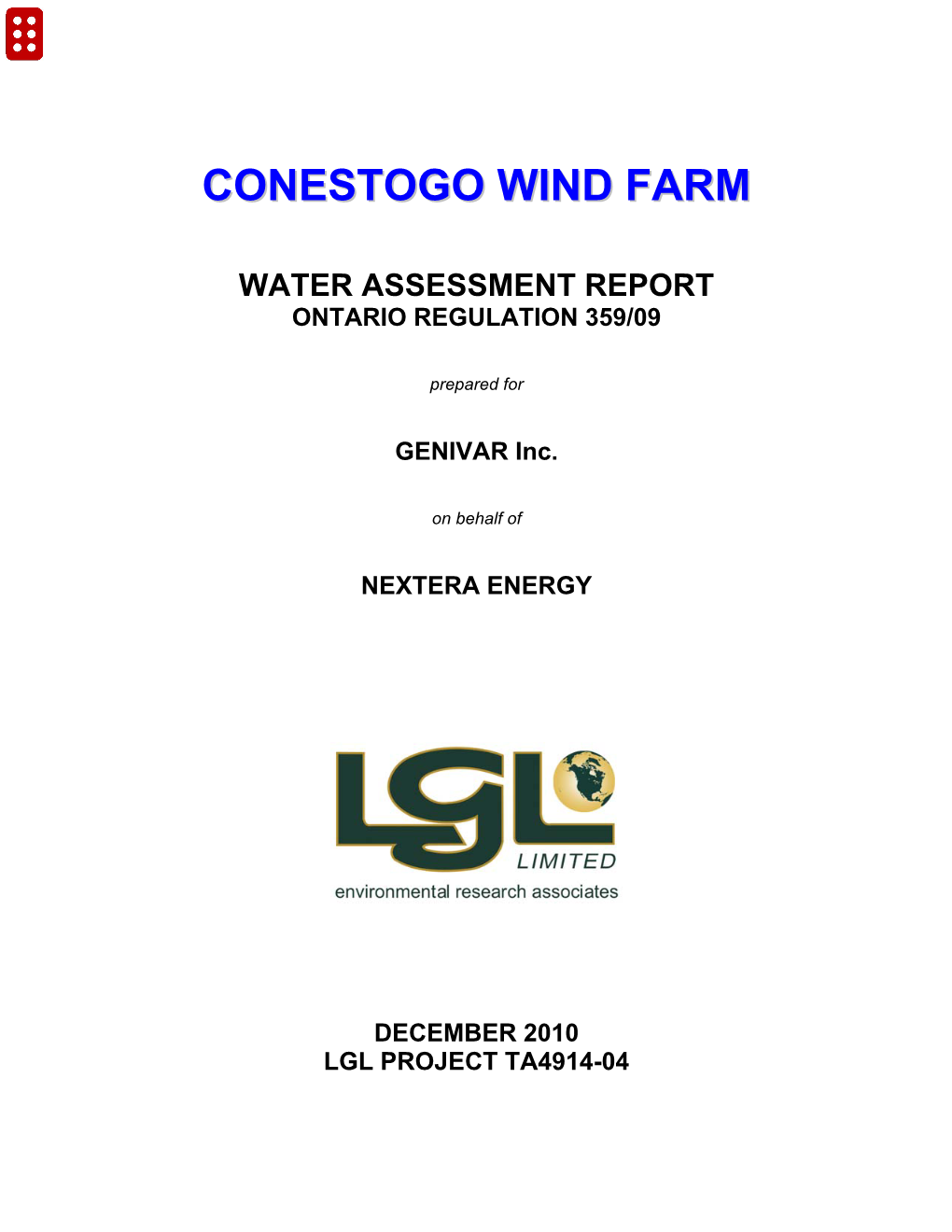 Conestogo Wind Farm December 2010 Water Report Project No