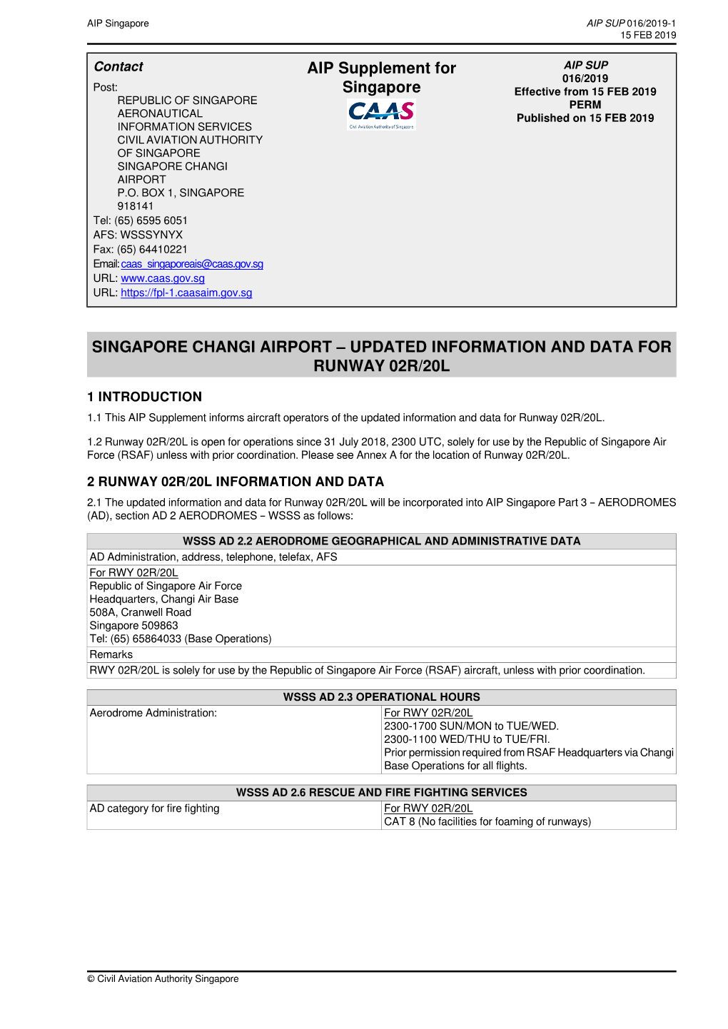 Singapore Changi Airport – Updated Information and Data for Runway 02R/20L