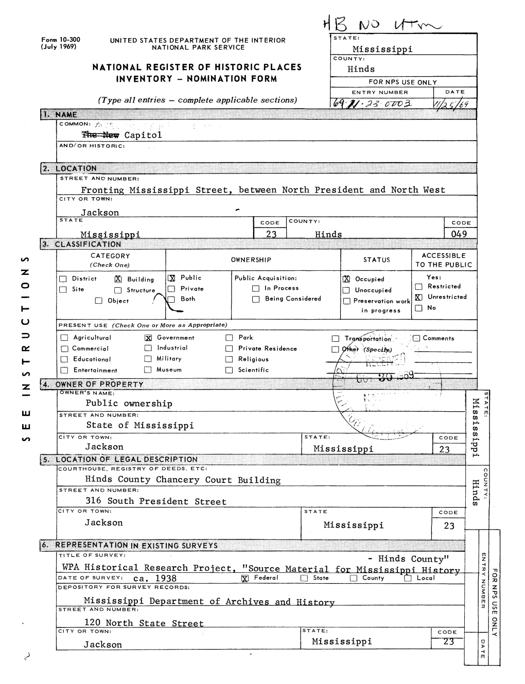 NATIONAL REGISTER of HISTORIC PLACES Hinds INVENTORY - NOMINATION FORM for NPS USE ONLY