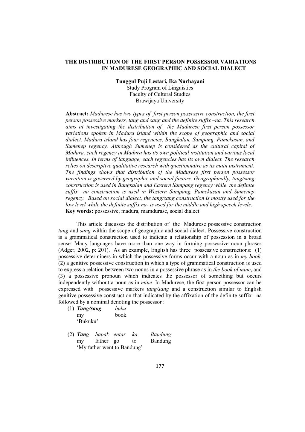 177 the Distribution of the First Person Possessor