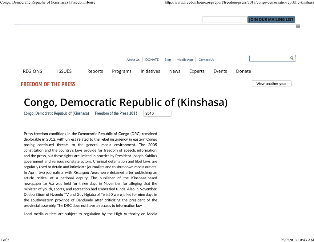 Congo, Democratic Republic of (Kinshasa) | Freedom House