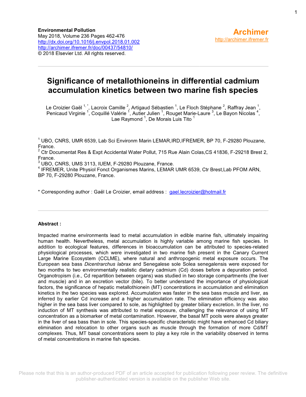 Significance of Metallothioneins in Differential Cadmium Accumulation Kinetics Between Two Marine Fish Species