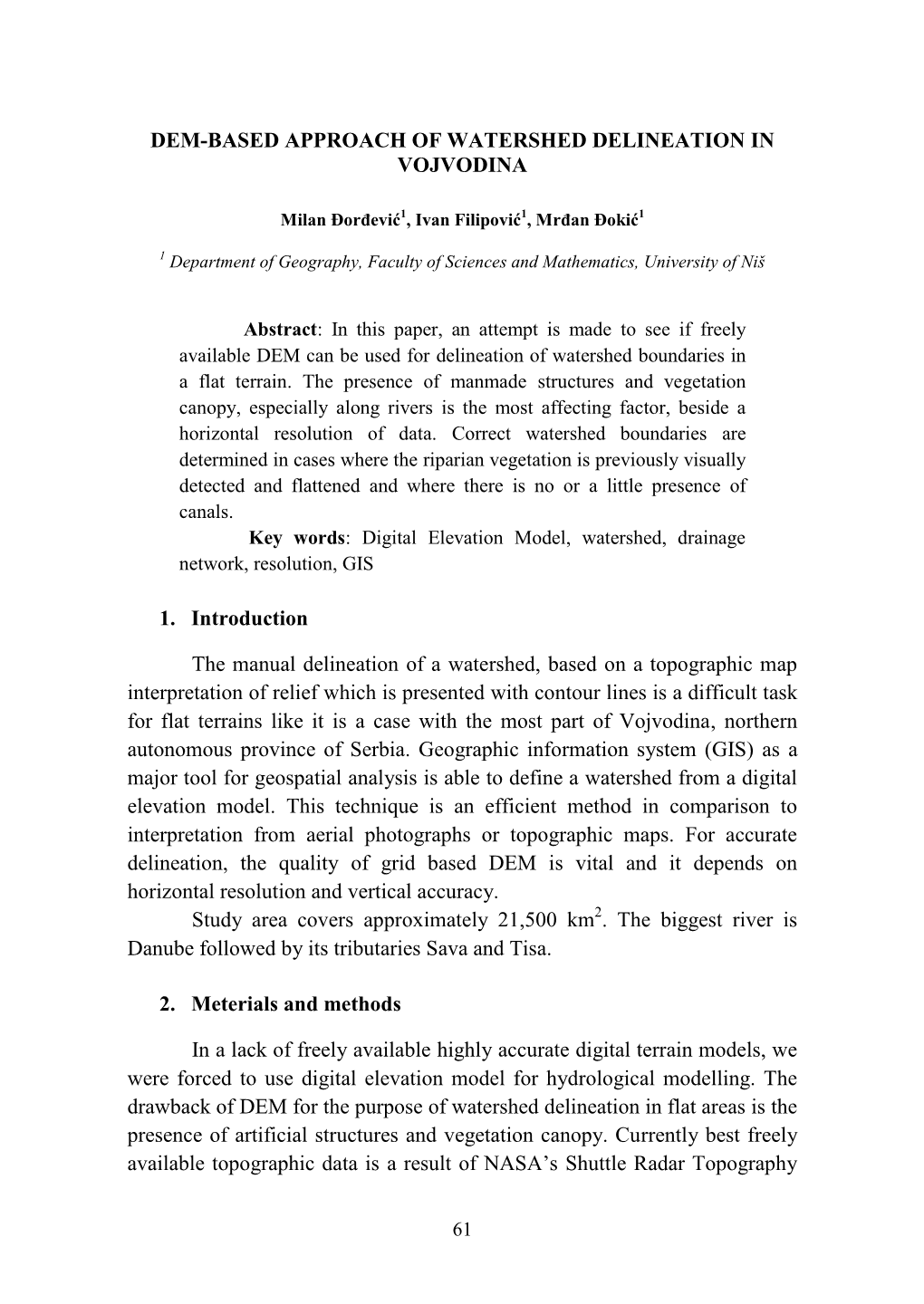 Dem-Based Approach of Watershed Delineation in Vojvodina