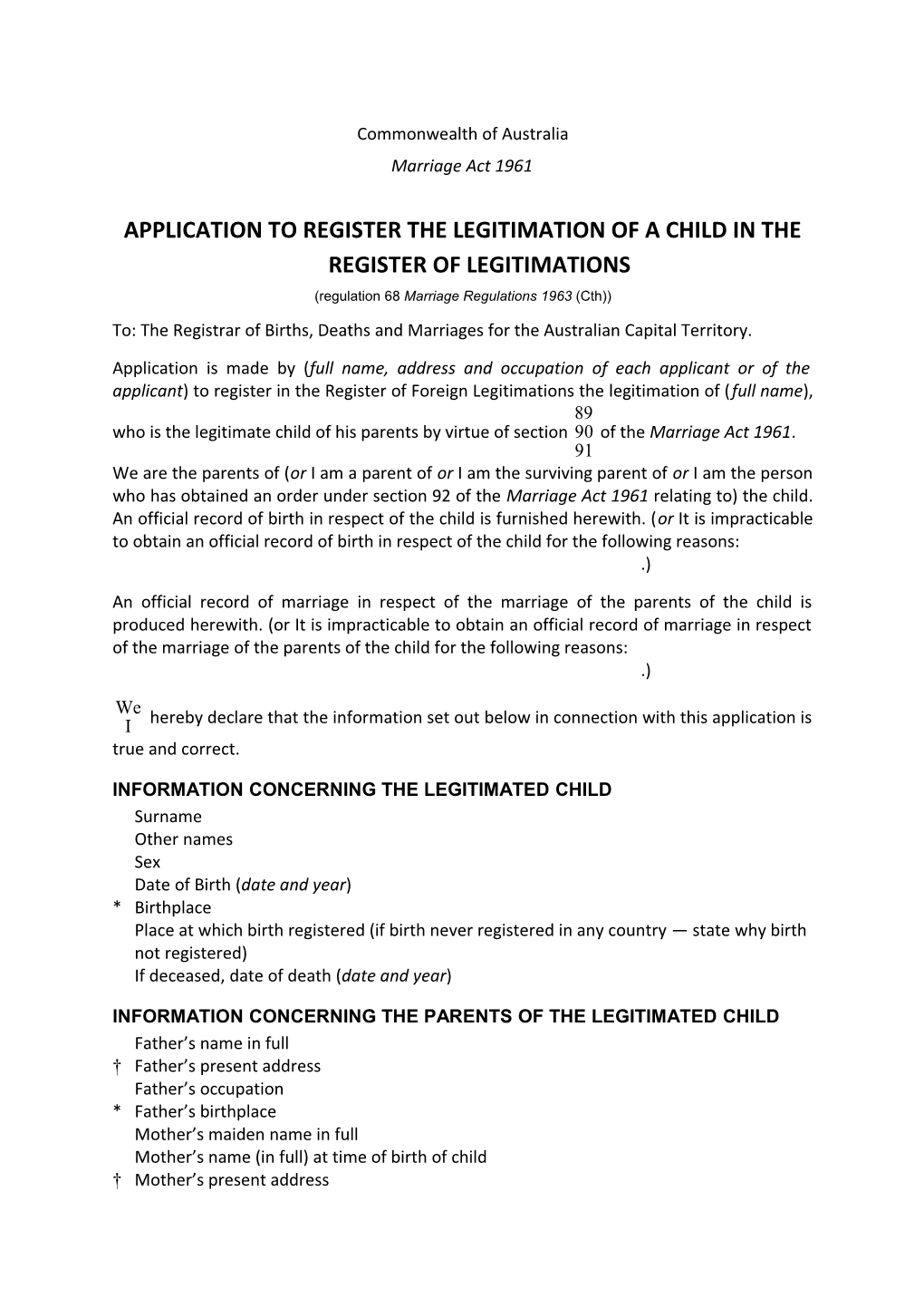 Application to Register the Legitimation of a Child in the Register of Legitimations