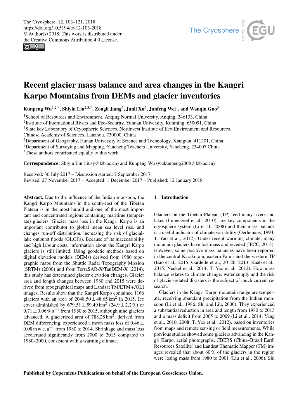 Recent Glacier Mass Balance and Area Changes in the Kangri Karpo Mountains from Dems and Glacier Inventories