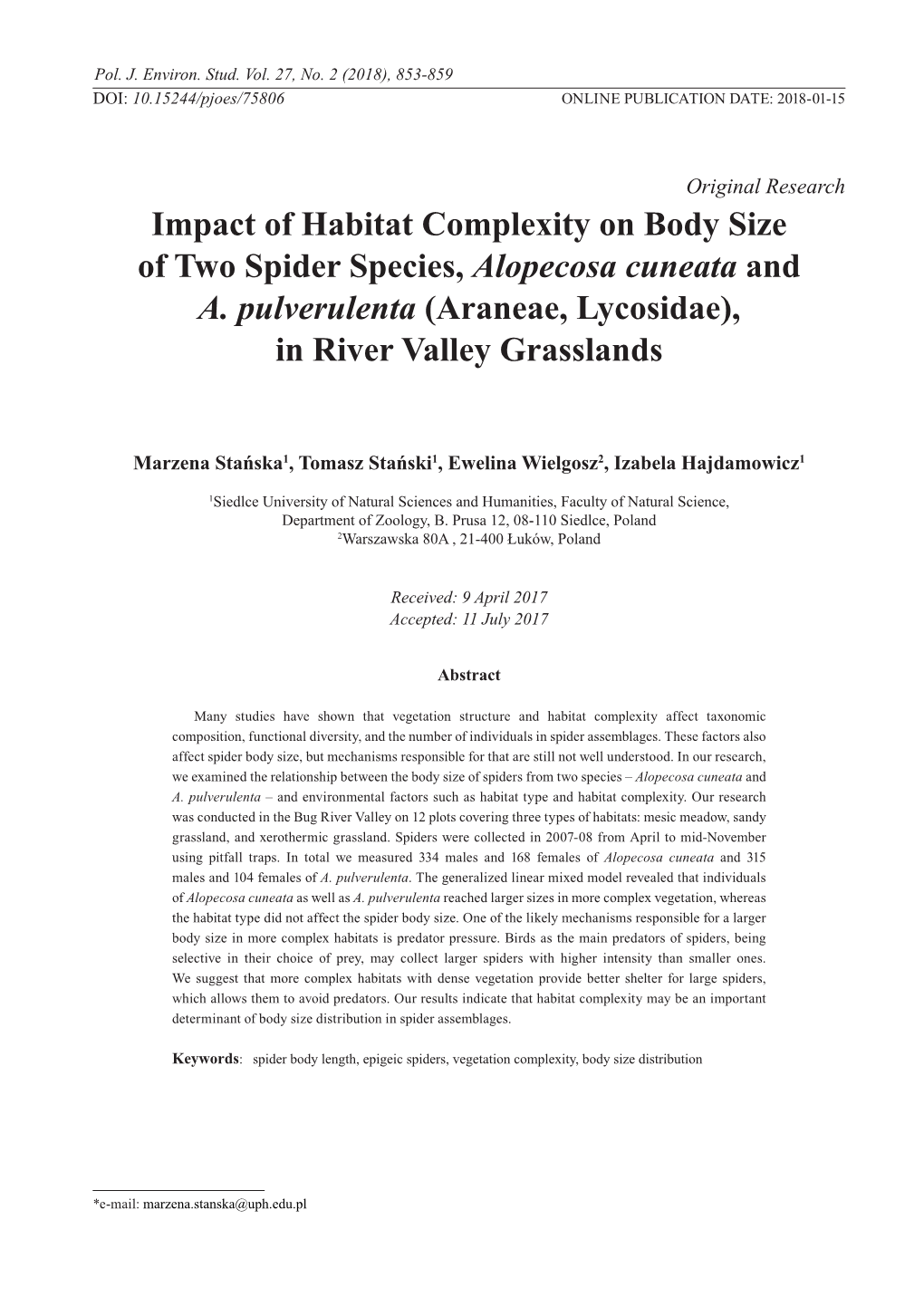 Impact of Habitat Complexity on Body Size of Two Spider Species, Alopecosa Cuneata and A