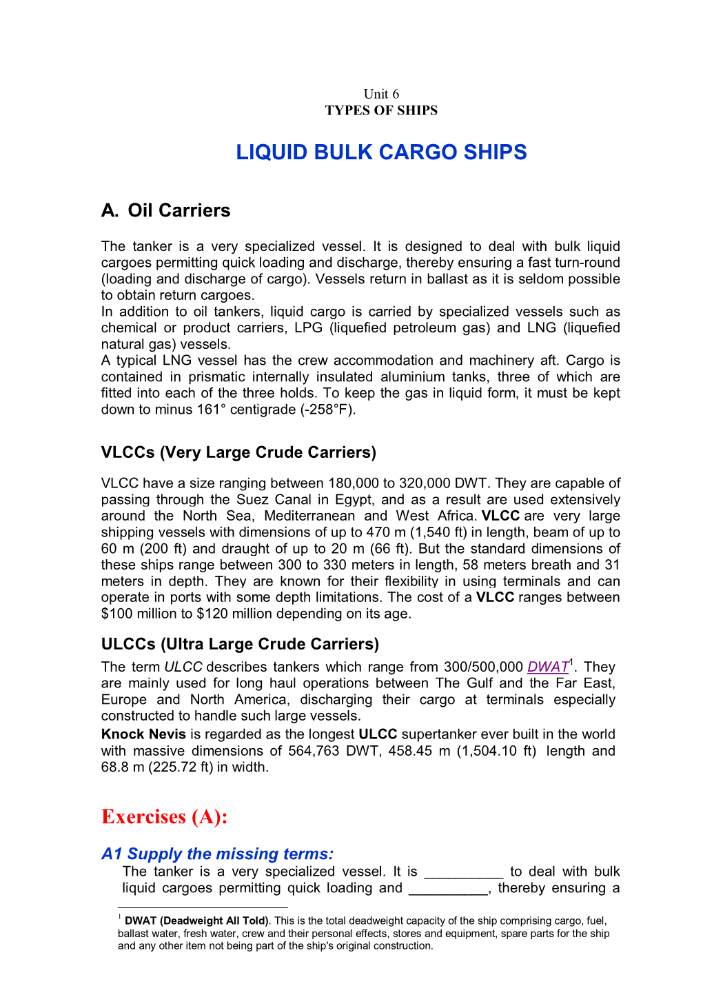 LIQUID BULK CARGO SHIPS Exercises (A)