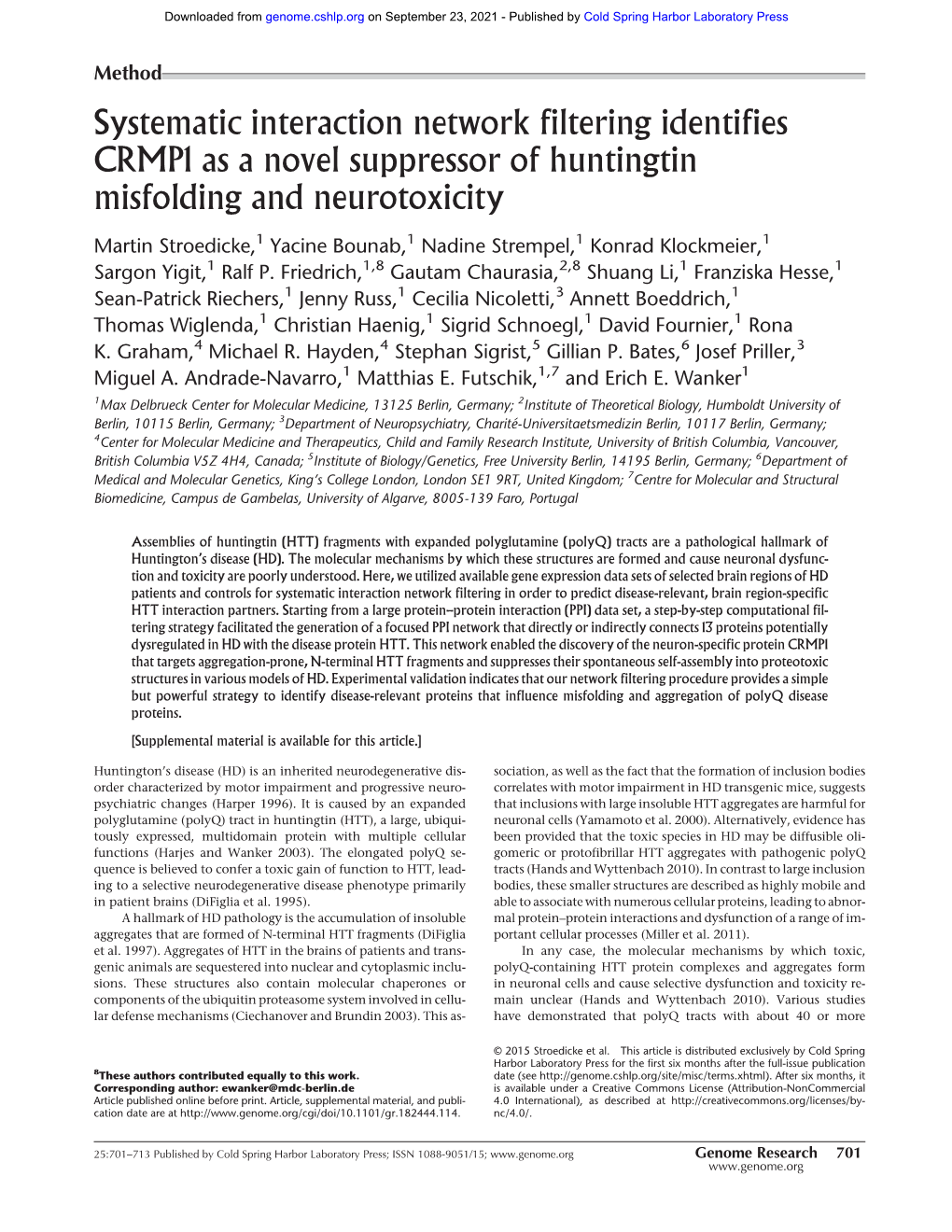 Systematic Interaction Network Filtering Identifies CRMP1 As a Novel Suppressor of Huntingtin Misfolding and Neurotoxicity