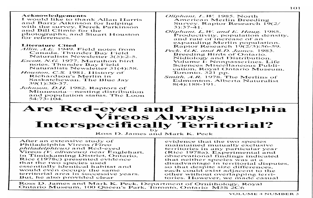 Are Red-Eyed and Philadelphia Vireos Always Interspecifically Territorial? by Ross D
