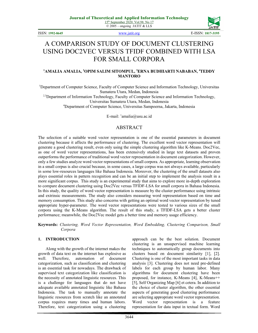 A Comparison Study of Document Clustering Using Doc2vec Versus Tfidf Combined with Lsa for Small Corpora