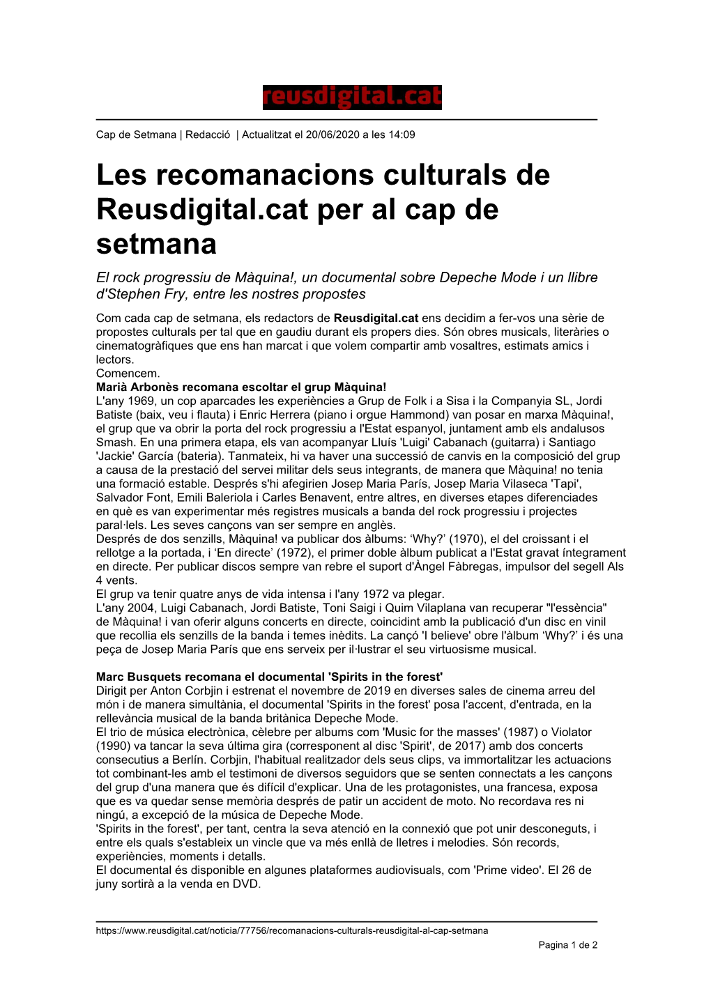 Les Recomanacions Culturals De Reusdigital.Cat Per Al Cap De Setmana