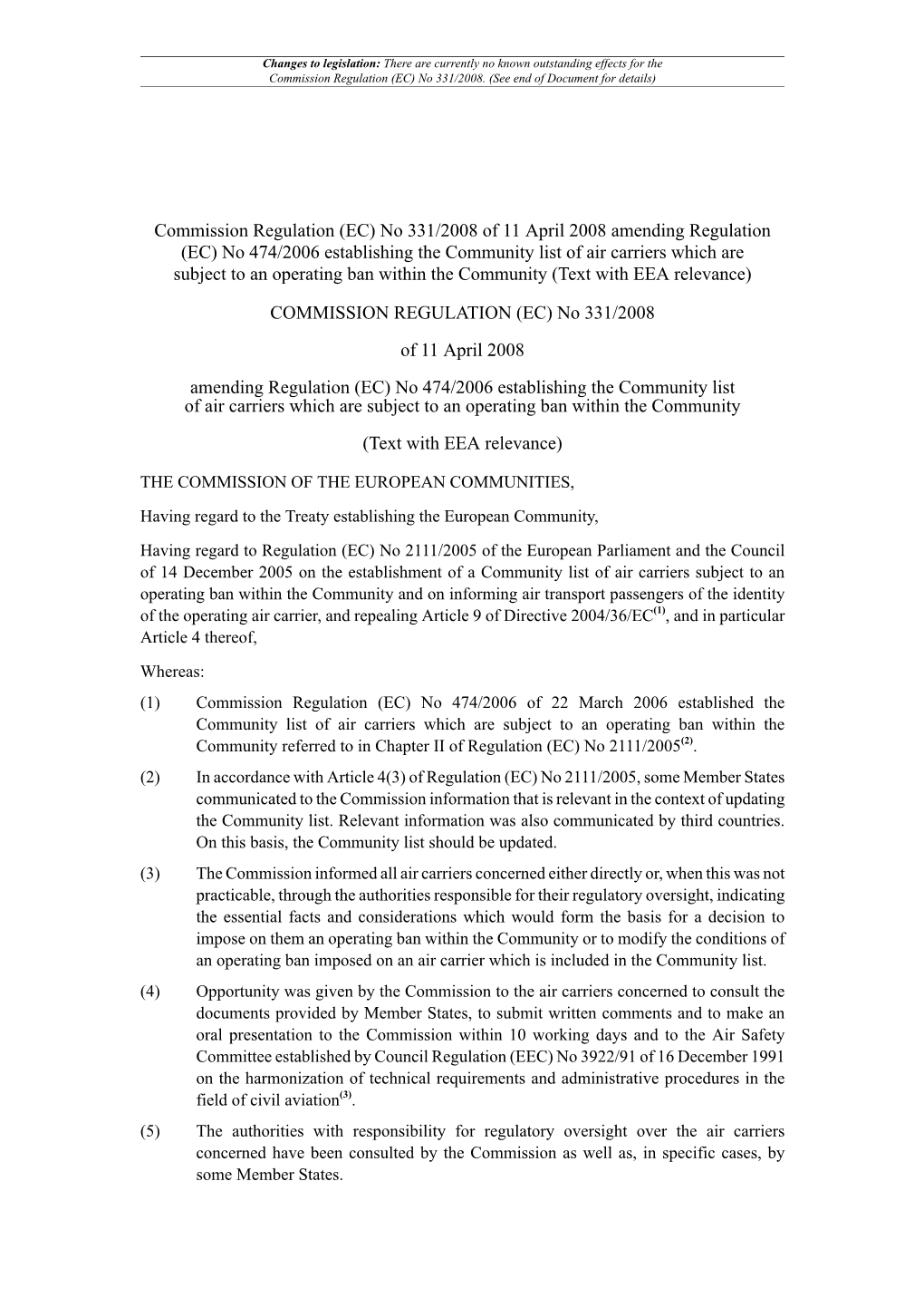 Commission Regulation (EC) No 331/2008
