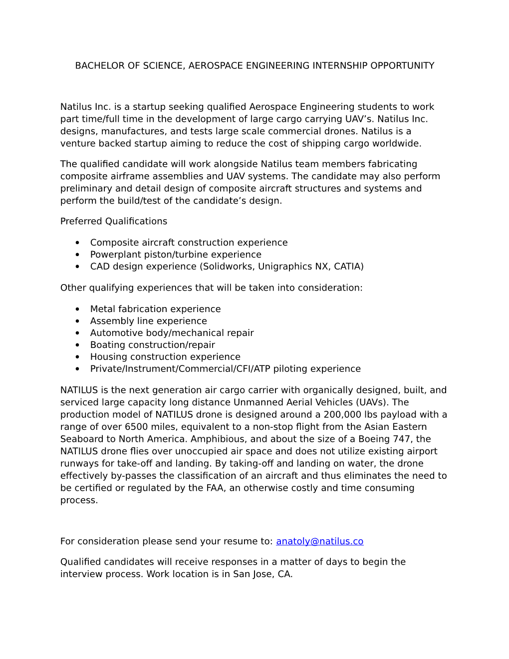 Bachelor of Science, Aerospace Engineering Internship Opportunity