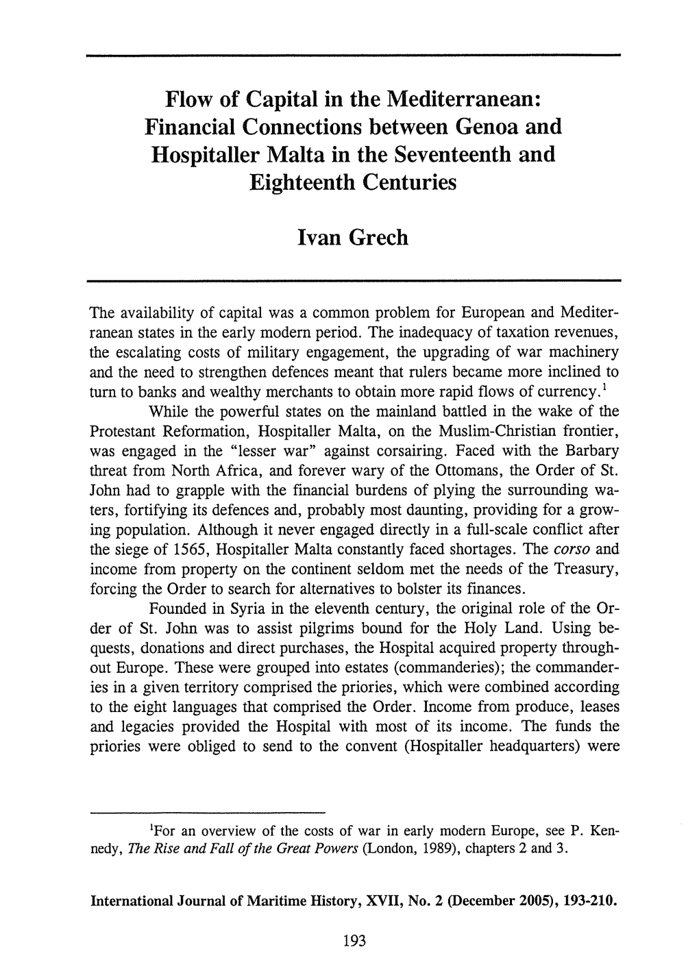 Flow of Capital in the Mediterranean: Financial Connections Between Genoa and Hospitaller Malta in the Seventeenth and Eighteenth Centuries