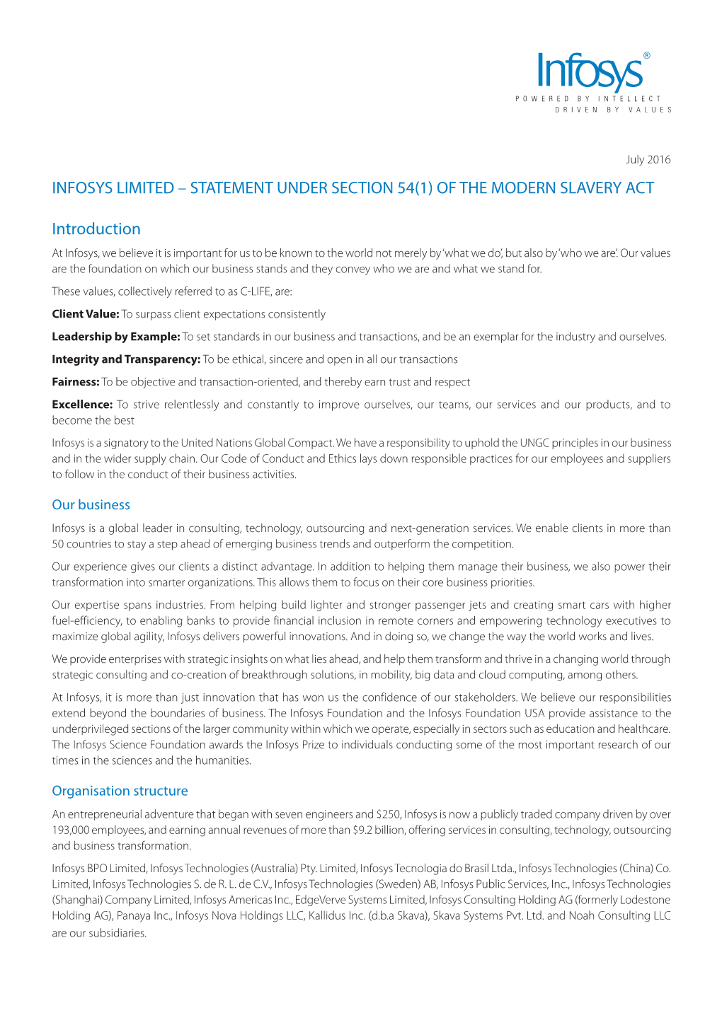 Infosys Limited – Statement Under Section 54(1) of the Modern Slavery Act