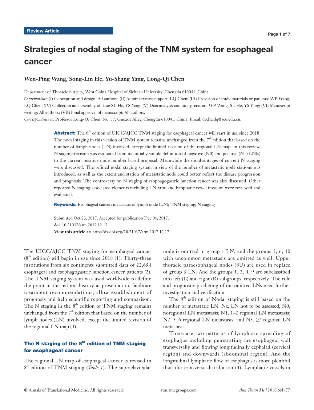 Strategies of Nodal Staging of the TNM System for Esophageal Cancer
