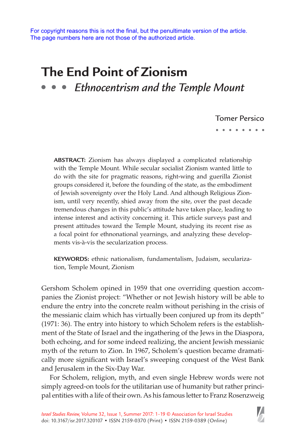 The End Point of Zionism: Ethnocentrism and the Temple Mount