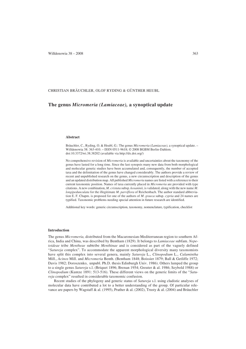 The Genus Micromeria (Lamiaceae), a Synoptical Update