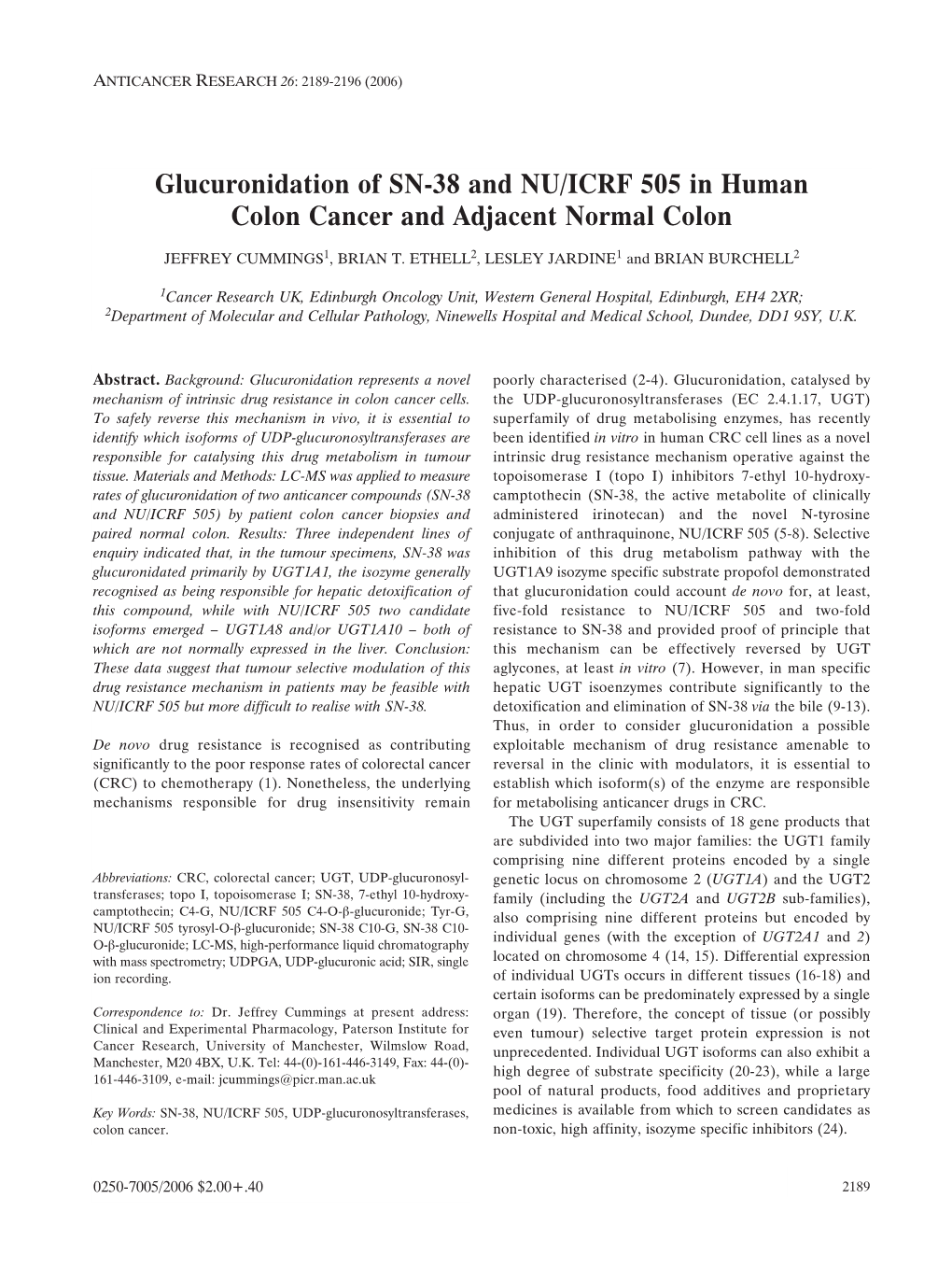 Glucuronidation of SN-38 and NU/ICRF 505 in Human Colon Cancer and Adjacent Normal Colon