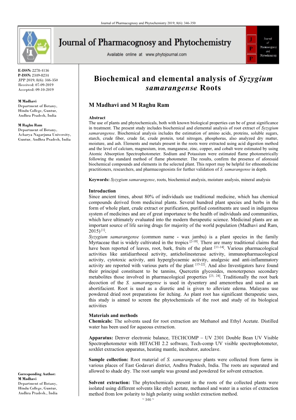 Biochemical and Elemental Analysis of Syzygium Samarangense Roots