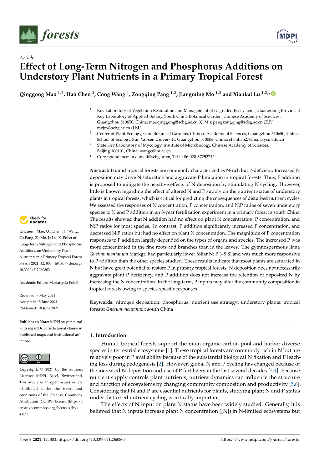 Effect of Long-Term Nitrogen and Phosphorus Additions on Understory Plant Nutrients in a Primary Tropical Forest