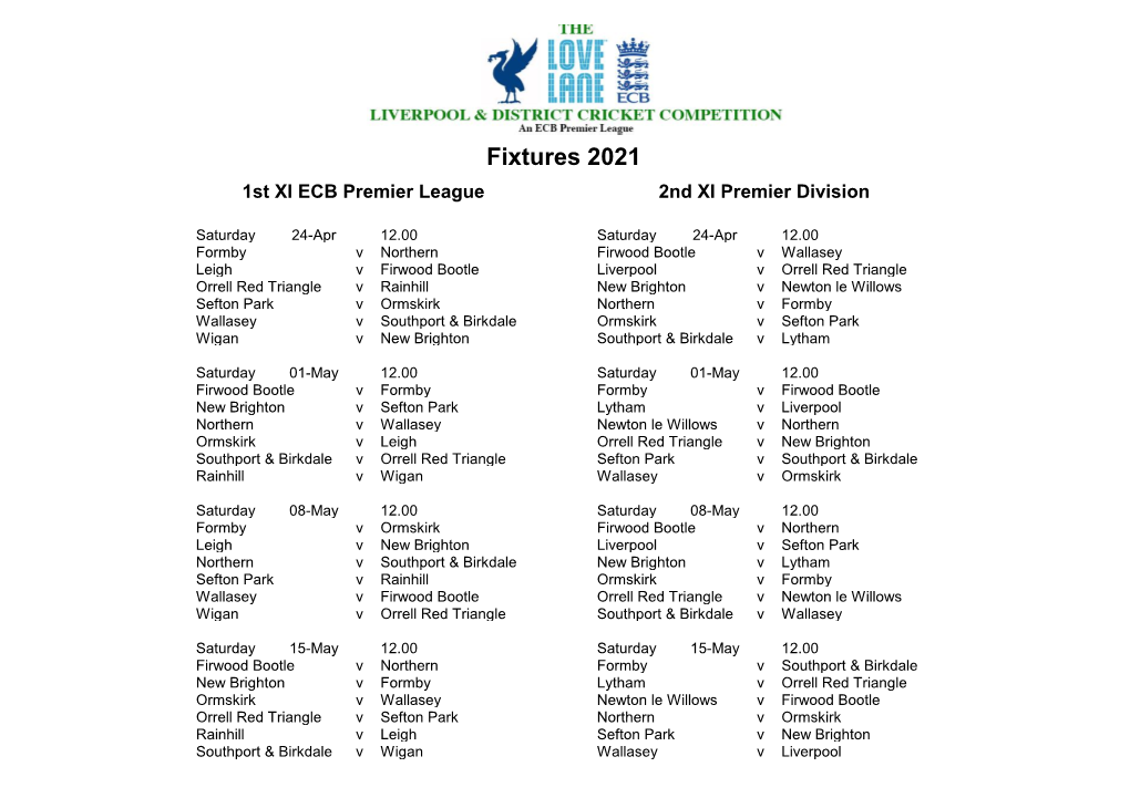 Fixtures 2021 1St XI ECB Premier League 2Nd XI Premier Division