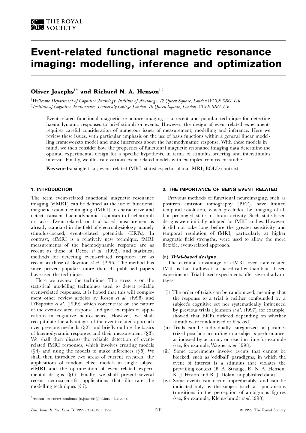 Event-Related Functional Magnetic Resonance Imaging: Modelling, Inference and Optimization