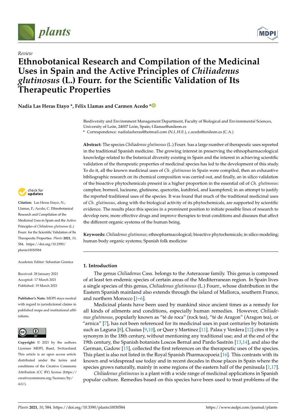 Ethnobotanical Research and Compilation of the Medicinal Uses in Spain and the Active Principles of Chiliadenus Glutinosus (L.) Fourr